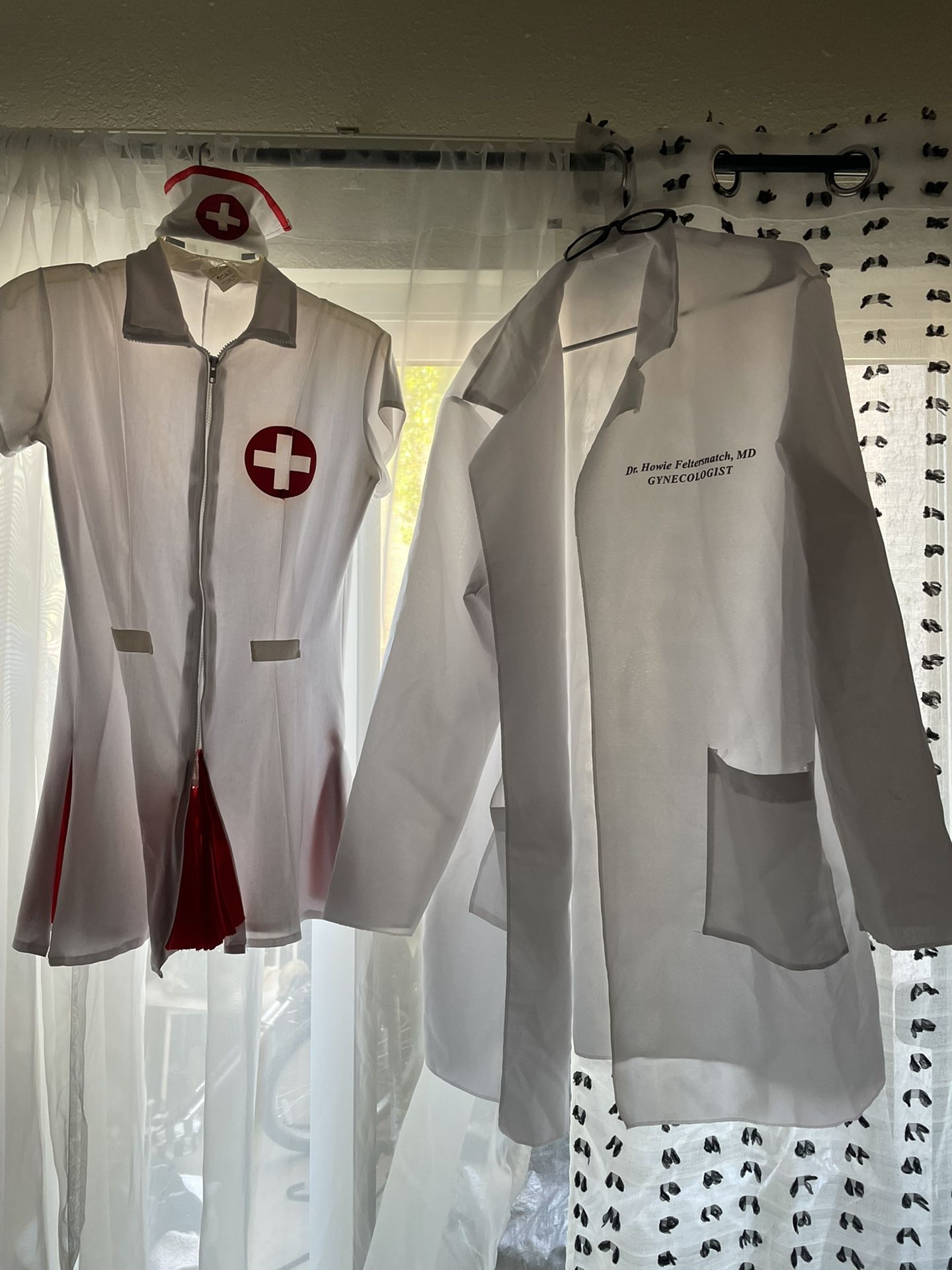 Couples Costume ( M) Nurse + ( L-XL) Dr White and Red dress with head piece  All white coat and black glasses