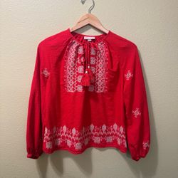 Women’s Small Knox Rose Red Embroidered Tie Neck Long Sleeve Blouse