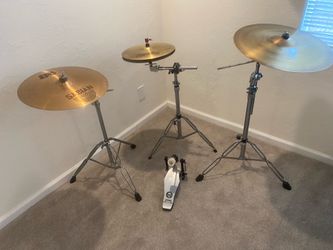 Complete set of cymbals & stands for drum set Sabian 17” crash 14” Hihats Yamaha 20” ride new bass pedal $250 cash 2401 N Euclid ave Upland 91784