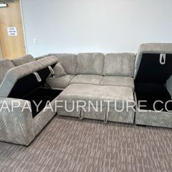 Plush 120”Grey Sectional Sofa Bed,Sectionals, Sofa, Couch, Corduroy Sectional Sofa With Storage, Sleeper Sofa. Sofabed, Sofa Bed,U Shaped Sectionals 