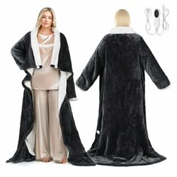 Electric Wearable Heated Blanket with Foot Pocket, Heated Blanket Wearable with Sleeves, Flannel & Sherpa Electric Throw, 10 Heat Settings & 2-8H Auto