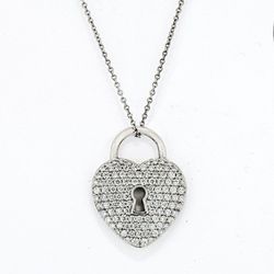 Tiffany & Co. Platinum Pave Diamond Heart Lock 16 in. Pendant Necklace Pt 950