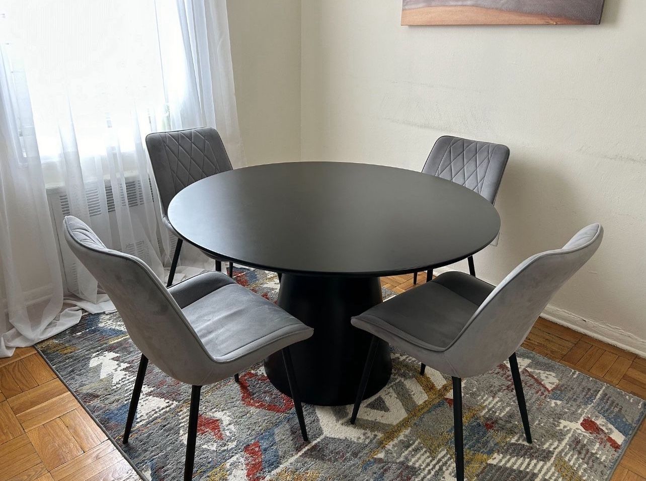 Edward Statement Pedestal Dining Table Set with 4 Luxury Velvet Upholstered Dining Chairs