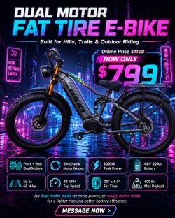 Front motor:750W.  rear motor :1000W.  Top speed:32MPh. Range:65miles  Max lbs:400 . Battery:48V20Ah