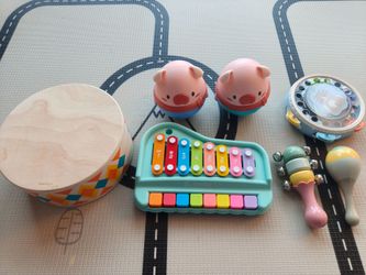 Baby and Toddler Musical Toy Set Bundle – PlanToys Drum, Xylophone, Tambourine, Shakers & Wobbler