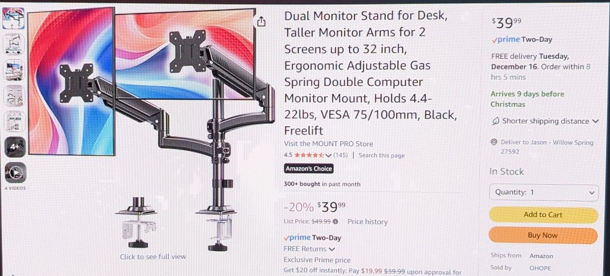 Dual Monitor Desk Mount β Gas Spring Arms β Fits Up to 32β Screens