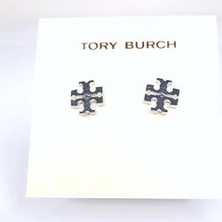 Tory Burch silver double T logo stud earrings 