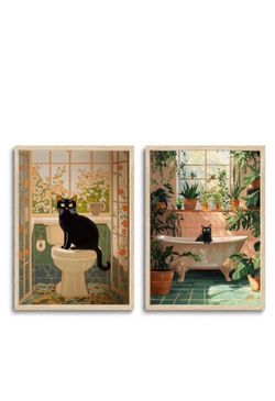 Black Cat Bathroom Wall Art Print Set of 2