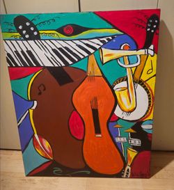 Cubist abstract painting of vibrant, overlapping instruments
