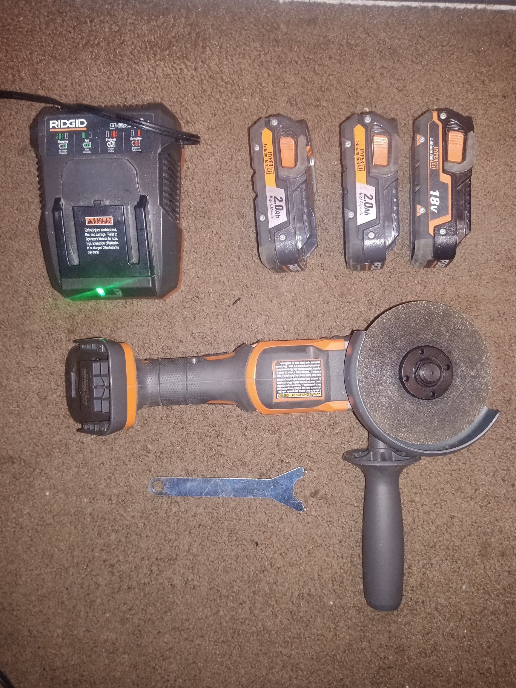 Ridgid angle grinder with batteries and charger