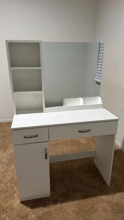 White Vanity Desk with Mirror and Storage