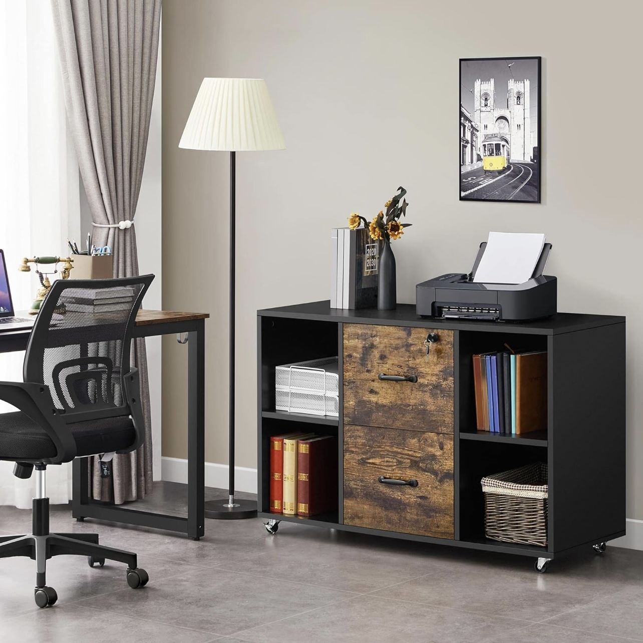 Filing Cabinet Lateral File Cabinet with 2 Drawer and 4 Open Compartments for Letter Size A4 Size, Printer Stand for Home Office, Black/Rustic Brown