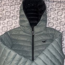 HOLLISTER LIGHTWEIGHT HOODED PUFFER JACKET COAT LIGHT GREEN MENS SIZE SMALL
