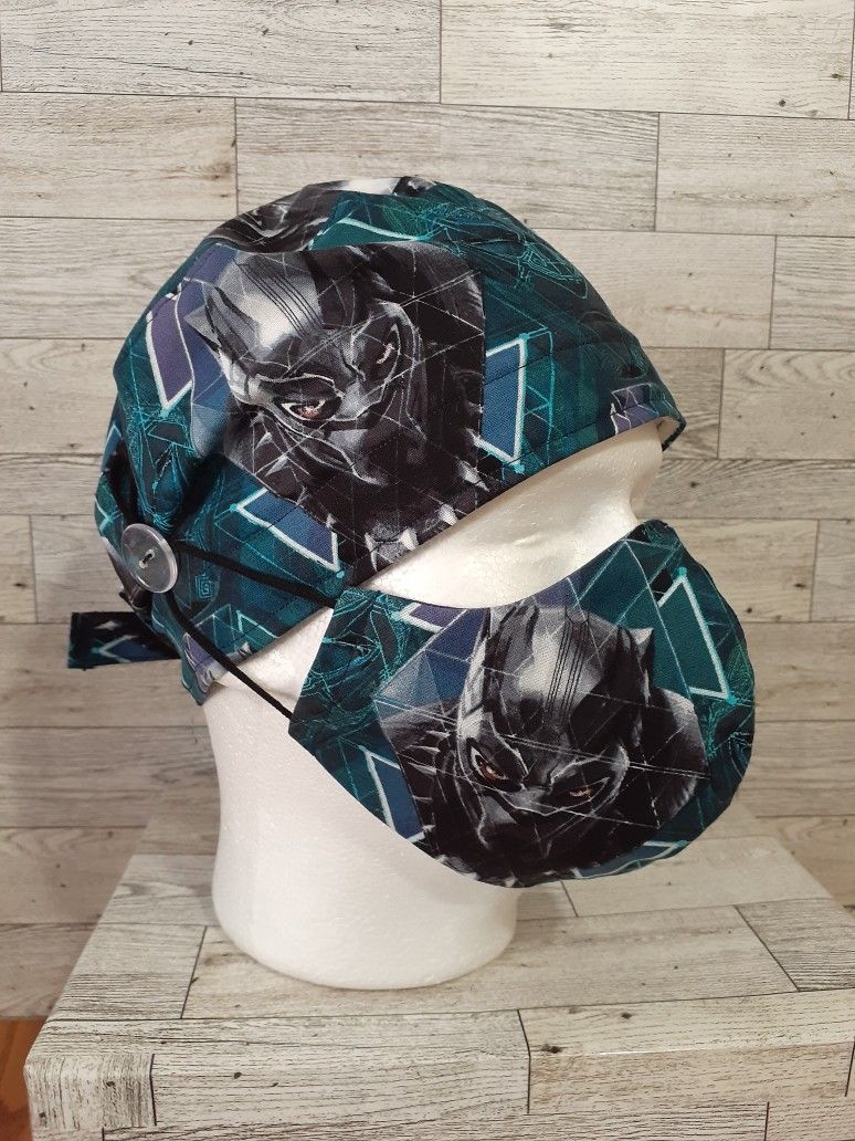 Black Panther Surgical Scrub Cap Set With Sweatbands Mens Scrub Cap Doctor Nurse Chef Cotton Head Cap With Buttons