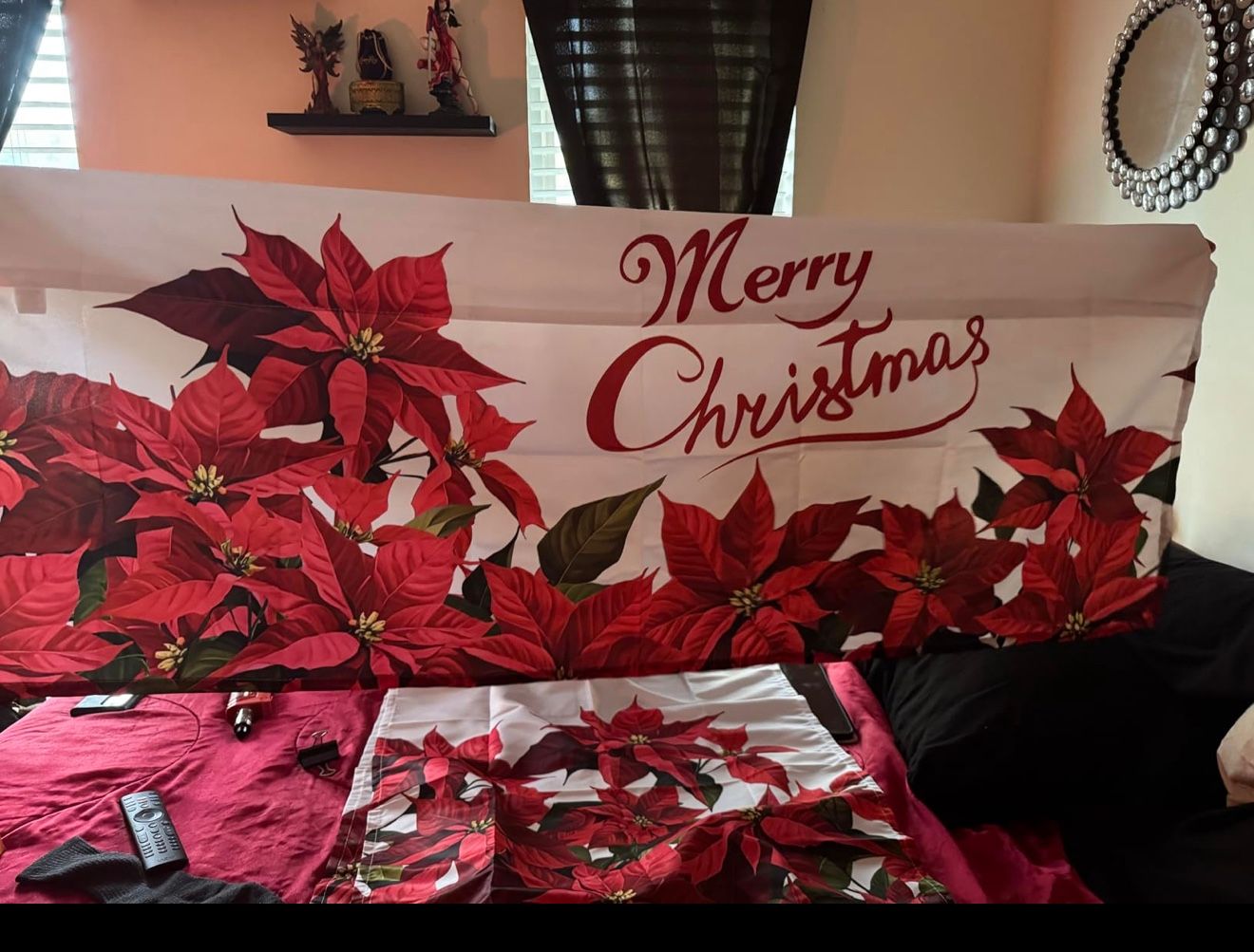 Poinsettia Christmas Valance & Curtain Set