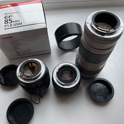 Canon Ef 50mm F1.4, 85mm F1.8, 70-200mm F4.0