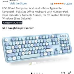 USB Wired Retro Typewriter Keyboard – Full Size w/ Number Pad (Blue Colorful)