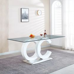 GLASS TOP DINING TABLE WHITE / SILVER STAINLESS STEEL BASE