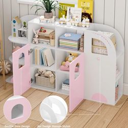Kids Bookcase with Door, 6 Shelves & Toy Storage Cube, White and Pink