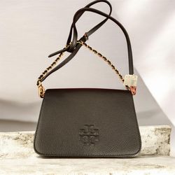 Tory Burch Leather Shoulder Bag – Black With Gold Chain (New)