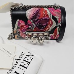 Alexander McQueen Orchid Floral Black Pink Embroidery Jeweled Satchel Silver Bag Crossbody Shouldr Haute Gala Rare Limited