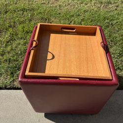 Red Faux Leather Storage Ottoman on Wheels with Reversible Tray Top
