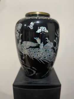 Vintage Japanese Bronze Vase w/ Mother Of Pearl Inlaid