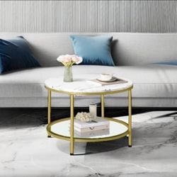 2-Tier Small Coffee Table with Faux Marble Top and Glass Shelf❇️👌👌👌