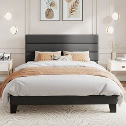 Queen Bed Frame, Platform Bed Frame with Fabric Upholstered Headboard, Dark Grey