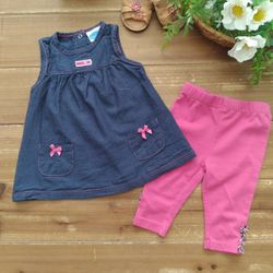 3-6MOS 2-PIECE OUTFIT SLEEVELESS NAVY CHAMBRAY TUNIC W/MAGENTA LEGGINGS