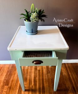 Refinished Large Plant Table With Metal Top, Large Pull Out Drawer & Coordinating Backing Paper