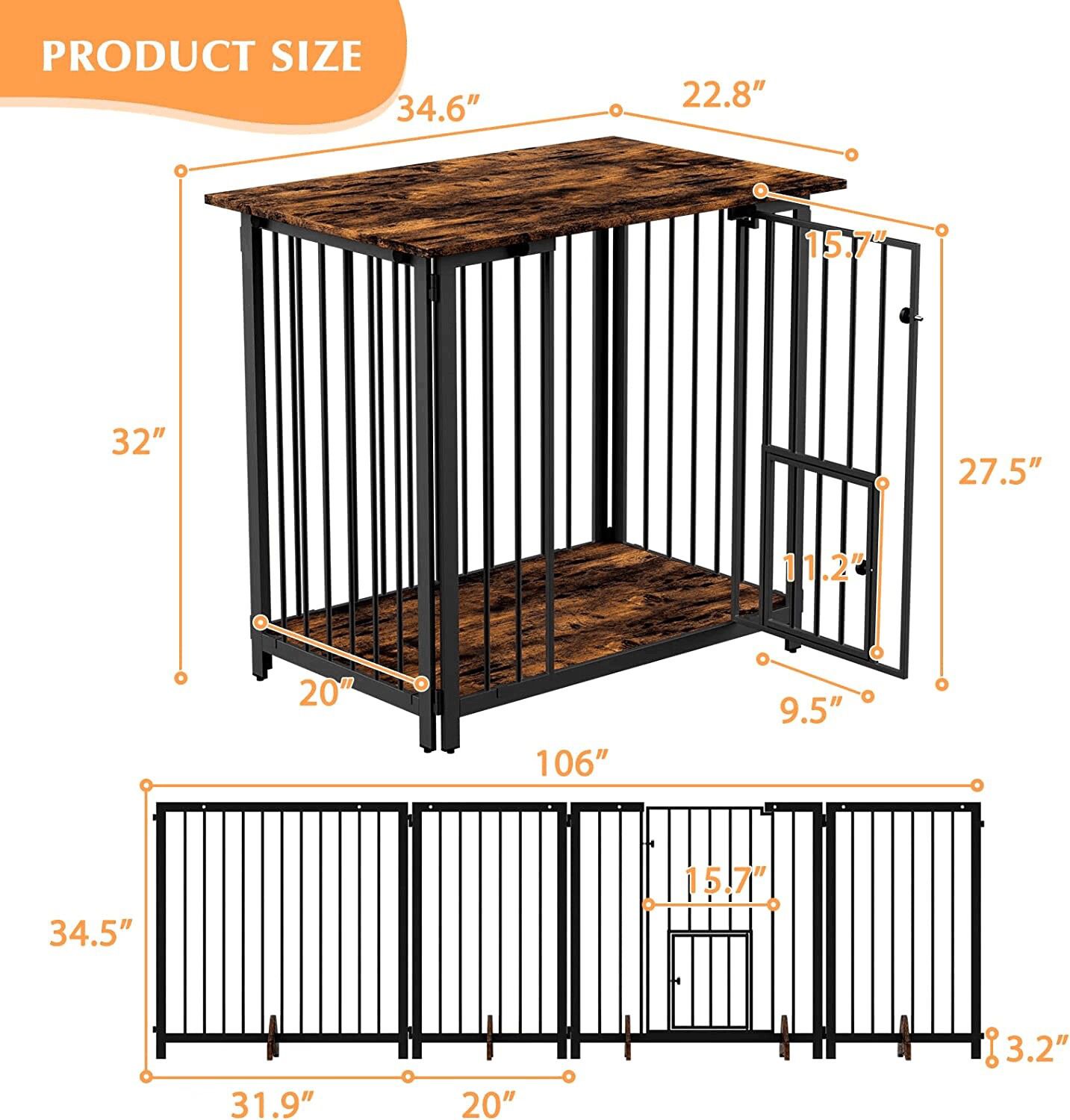 2-in-1 Dog Crate and Fence,Wooden Dog kennel End Table Indoor Use Heavy Duty Dog cage and 5 Support Feet