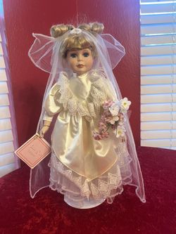 PORCELAIN BRIDE DOLL 26” WITH STAND BLONDE HAIR BLUE EYES #203