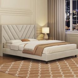 New Upholstered Bed Frame FULL SIZE - OPEN BOX BEIGE