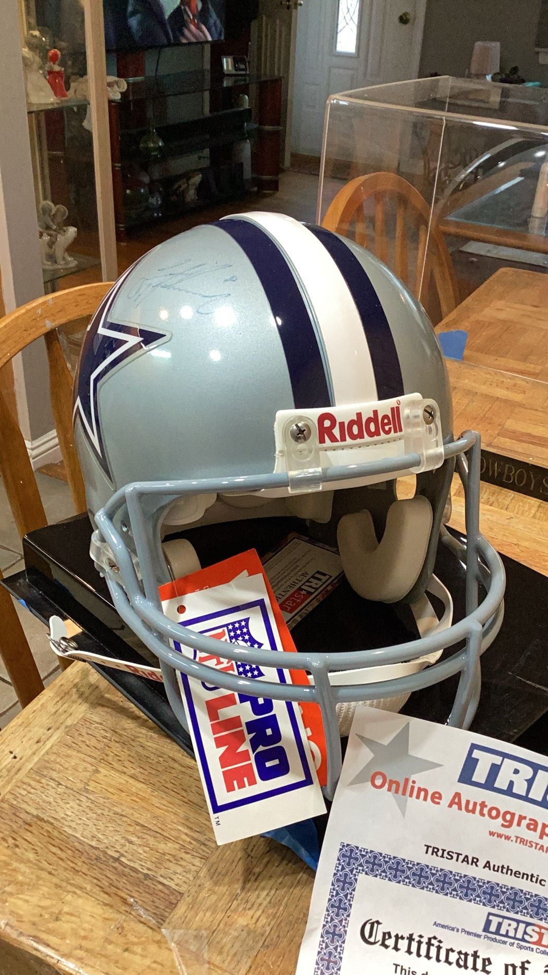 Full Size Helmet Autographed And Certified. Troy Airman In Full Display Case