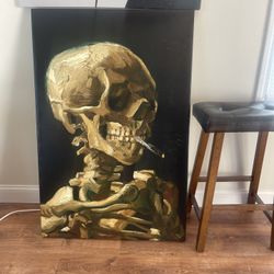 Van Gogh Reproduction, Skull of a Skeleton with Burning Cigarette, Skeleton Smoking Art (Canvas Wrap, 32" x 48")