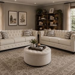 2pcs Velvet Upholstered Chesterfield Sofa with ottoman Nailhead and Solid Legs for Living Room
