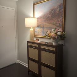 Rattan Shoe Storage Cabinet with 4 Flip Drawers for Entryway, Slim Narrow Shoe Organizer Cabinet with 2 Top Drawers, Brown