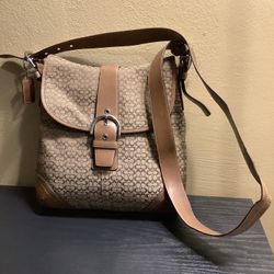 Coach Tan Leather Trim Monogram Canvas Crossbody Shoulder Bag