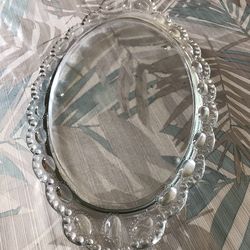 Vtg L. E. Smith Beaded Medallion Oval Clear Glass Tray - 14” X 8.5”