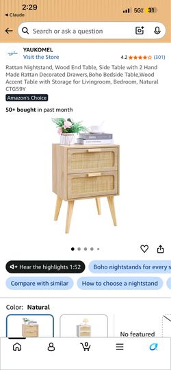 YAUKOMEL Boho Rattan Nightstand - Natural - NEW in Box