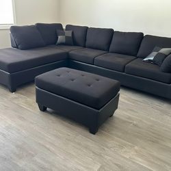 Brand New Black/Beige Fabric L Shape Sectional Sofa - Storage Ottoman | Pay After Delivery 🚚