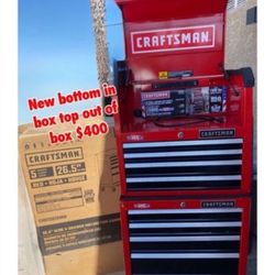 New tool box Craftsman Rolling Tool Box bottom part is in box has a ding from shipping top box is out of box has couple scruffs see picture comes with