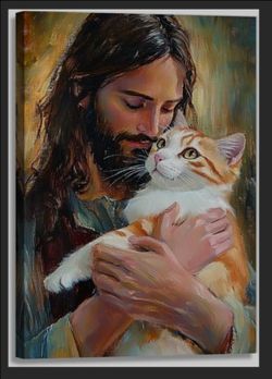 16x24 Jesus Animal Wall Art Jesus Holding Cat Pictures Print Watercolor Cute Cat Posters Christian Religious Painting Artwork Christ Home Decoration F