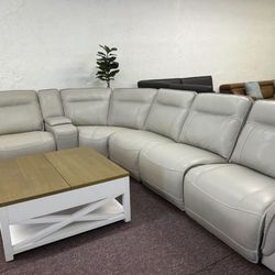 Furniture- 100% Real Semi Aniline Leather 6 Pc Sectional With 3 Power Recliners- Lenardo