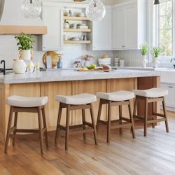 Bar Stools Set of 4, Barstools with Sturdy Wood Legs, Saddle Seat Counter Height Bar Stools for Kitchen Counter, Bar, Dining, 24 Inch Farmhouse Counte