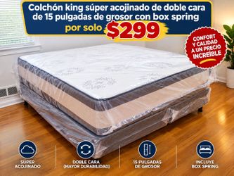 Colchón king súper acojinado de doble cara de 15 pulgadas de grosor con box spring por solo $299