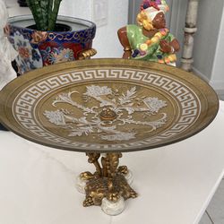 13”D X 8”H Fabulous  Original Vintage MCM Gold Metal & Glass Art Compote Bowl Table Centerpiece. Grapes Cornucopia Versace Greek Key MCM Design.  