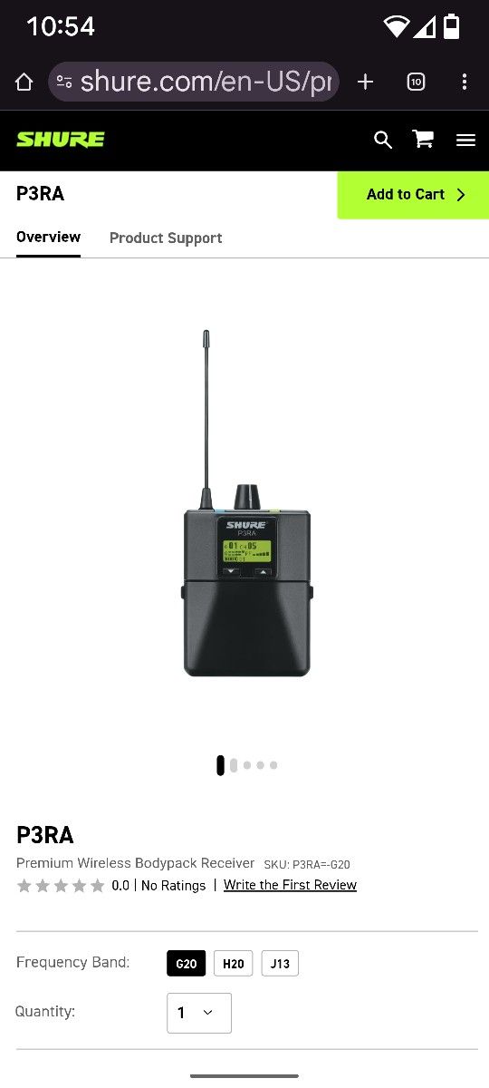 SHURE  P3RA 
H20                                                                                                  Premium Wireless Bodypack Receiver