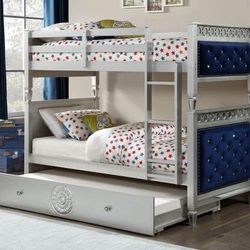 Brand New Silver Twin Bunk Bed With Trundle And Blue Velvet Upholstery Crystal Button Tufting